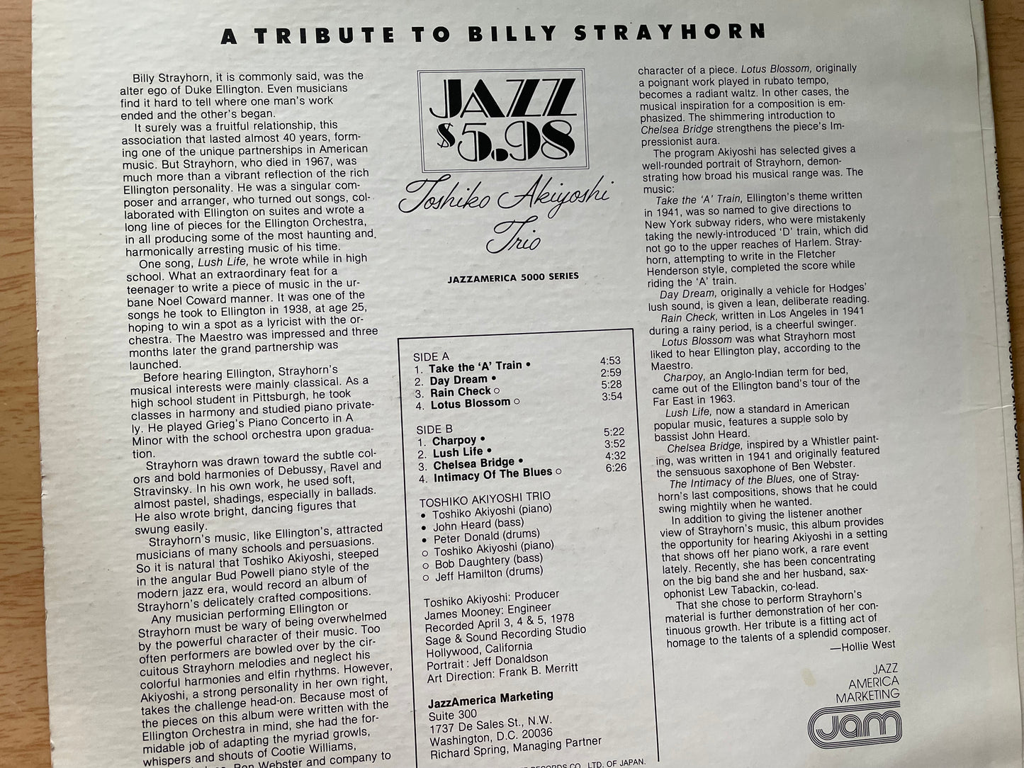 TOSHIKO AKIYOSHI "A TRIBUTE TO BILLY STRAYHORN"-$9.99 +SHIPPING $5.00