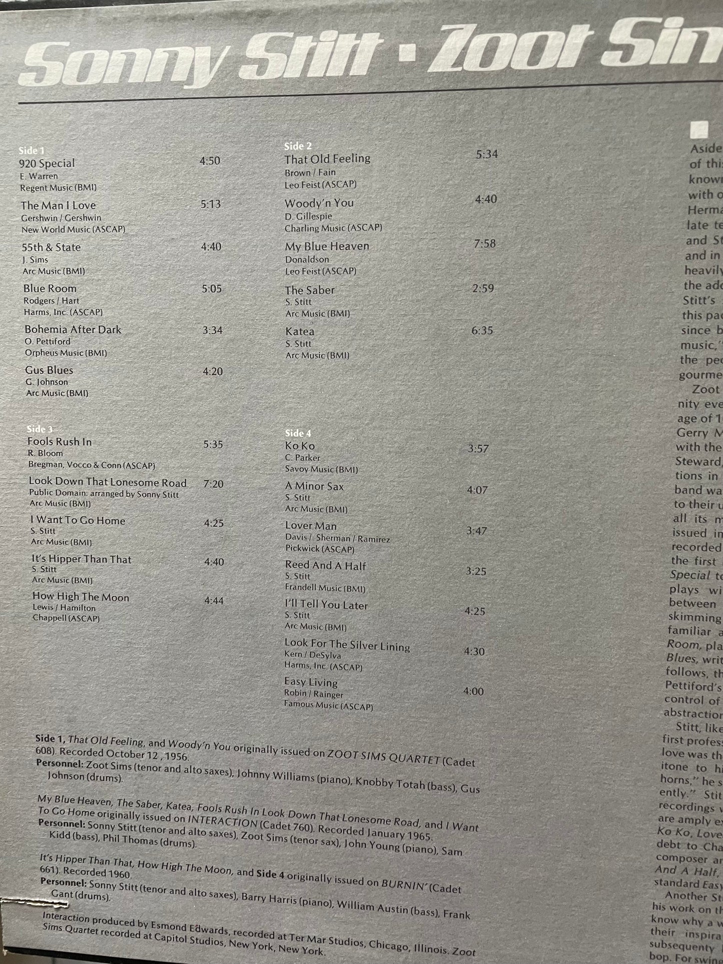 SONNY STITT/ZOOT SIMS "INTERACTION"-2 LP's-$14.99 +SHIPPING $5.00