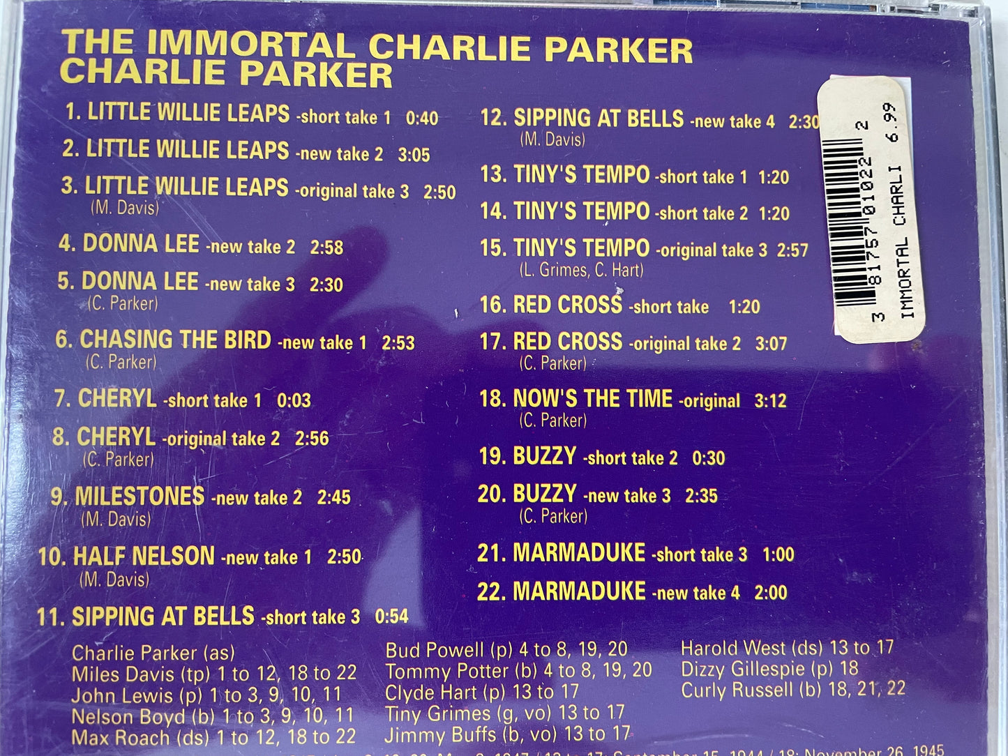 CHARLIE "BIRD" PARKER "THE IMMORTAL CHARLIE PARKER"-$11.99 + SHIPPING $5.00