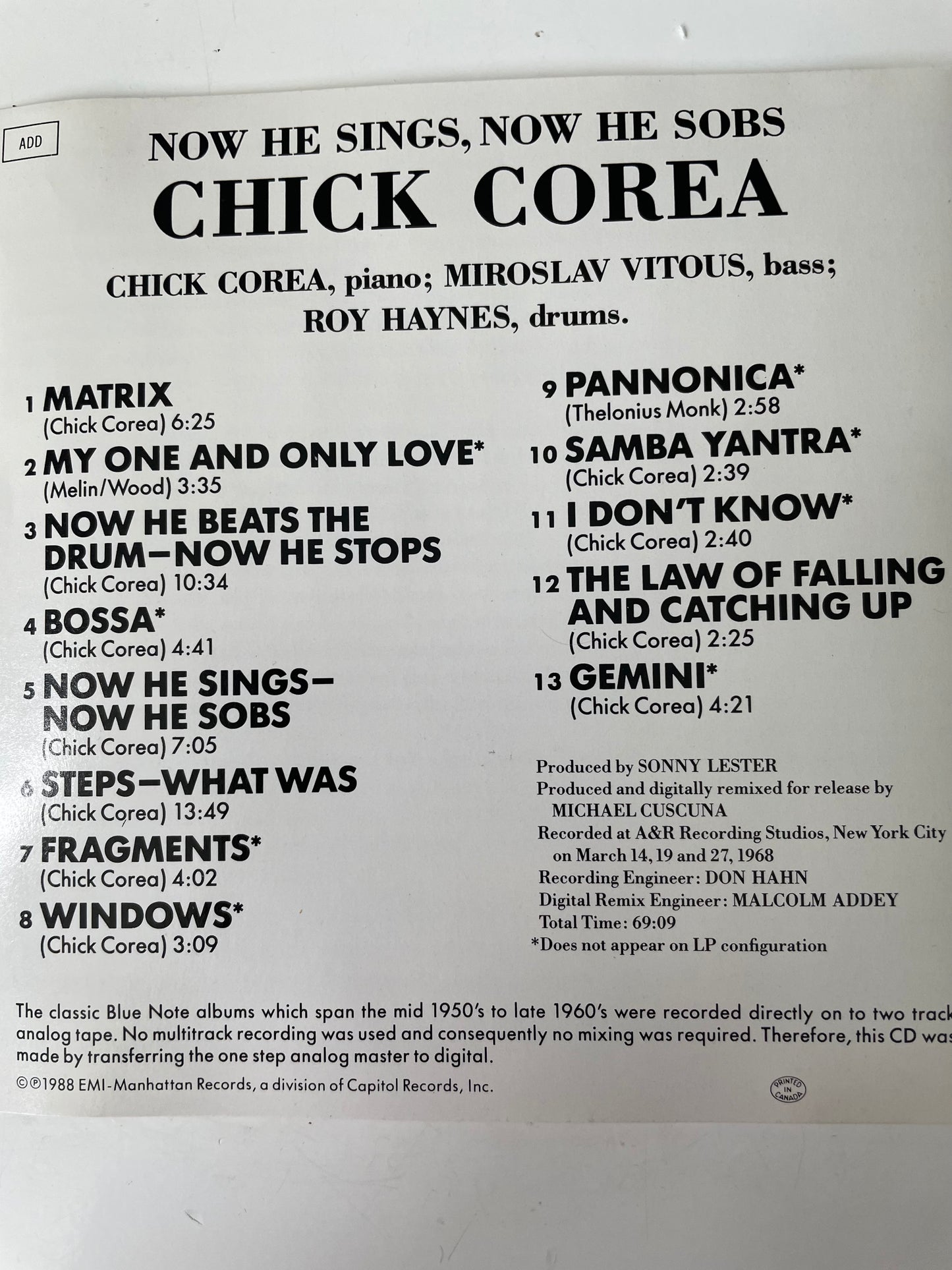 CHICK COREA "NOW HE SINGS, NOW HE SOBS"-$17.99 + SHIPPING $5.00