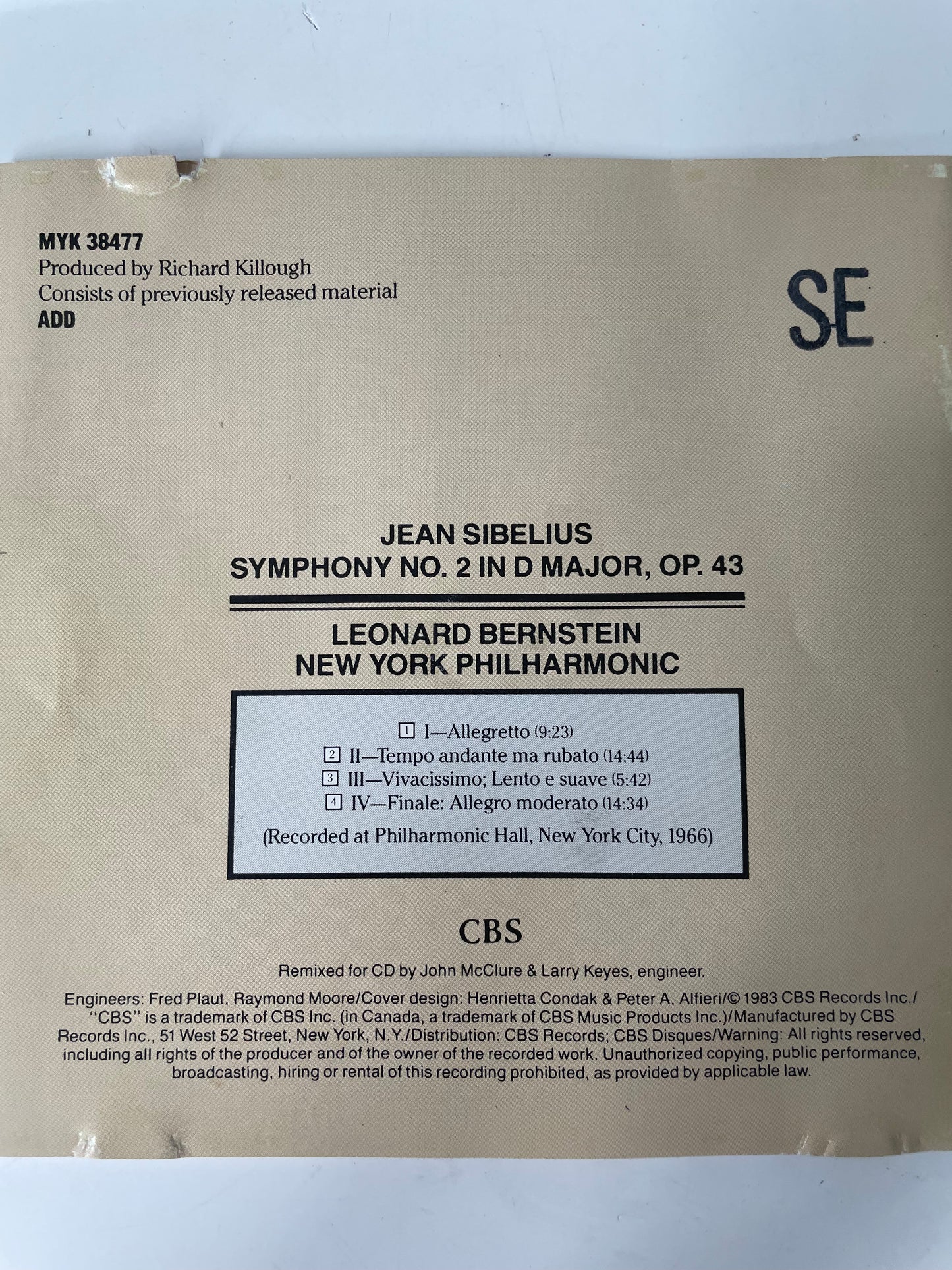 BERNSTEIN/NEW YORK PHILHARMONIC-"SIBELIUS SECOND"-$11.99 +SHIPPING $5.00