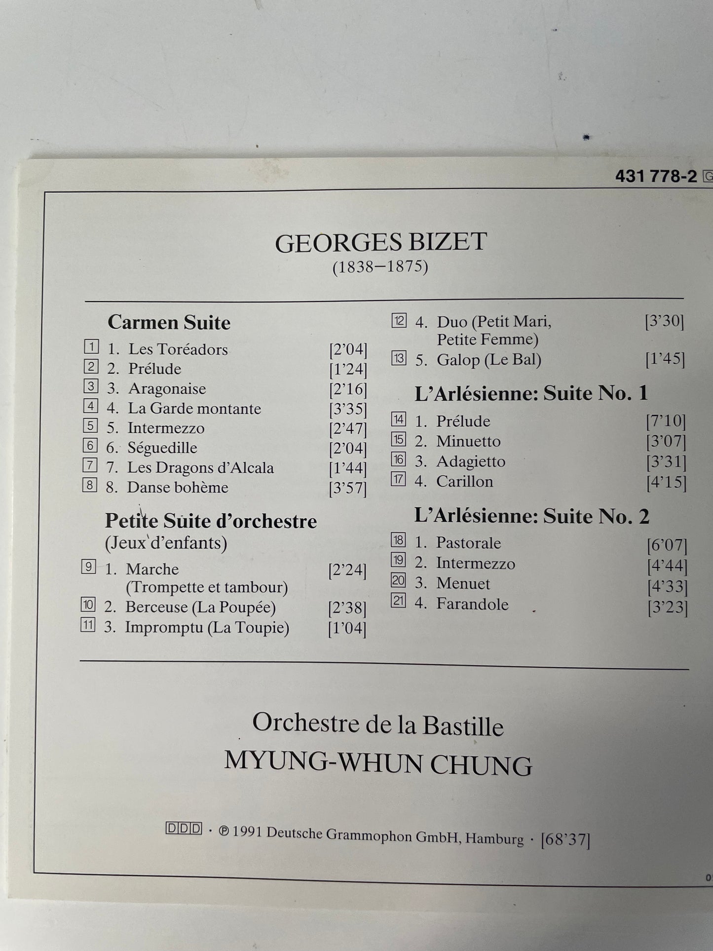 ORCHESTRE DE LS BASTILLE-MYUNG-WHUN CHUNG-"CARMEN SUITE"-$8.99 + SHIPPING $5.00