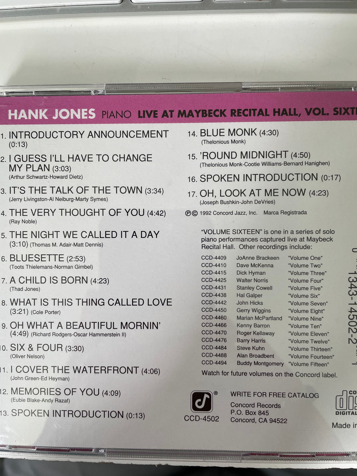 HANK JONES "LIVE AT MAYBECK RECITAL HALL VOLUME SIXTEEN"-$5.99 + SHIPPING $5.00