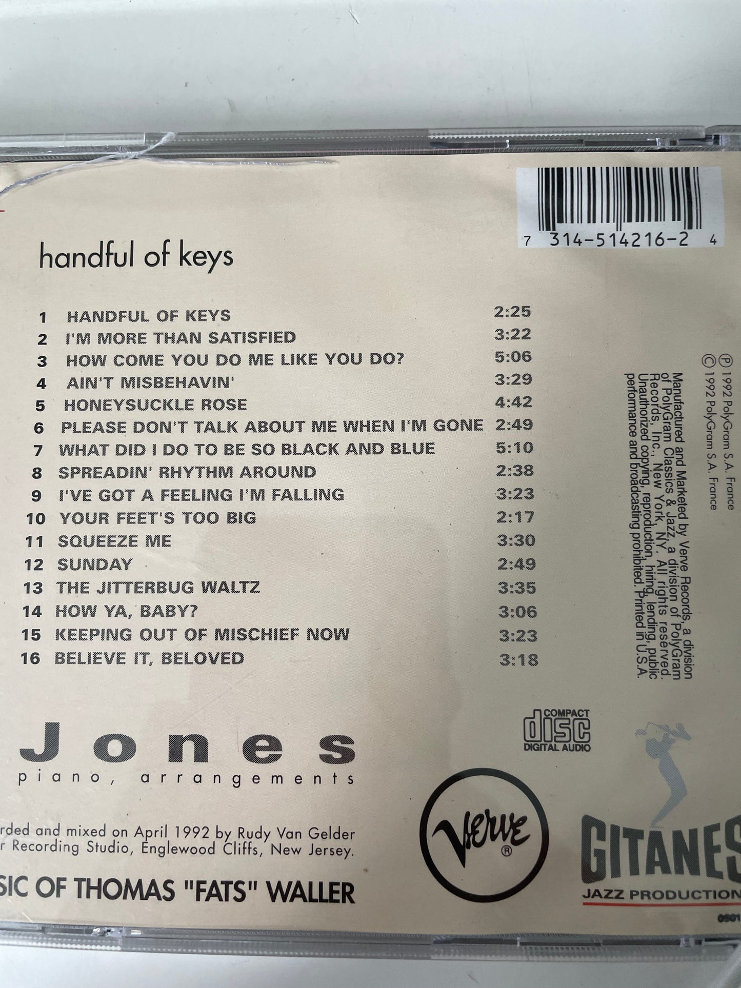 HANK JONES "A HANDFUL OF KEYS"-$11.99+SHIPPING $5.00