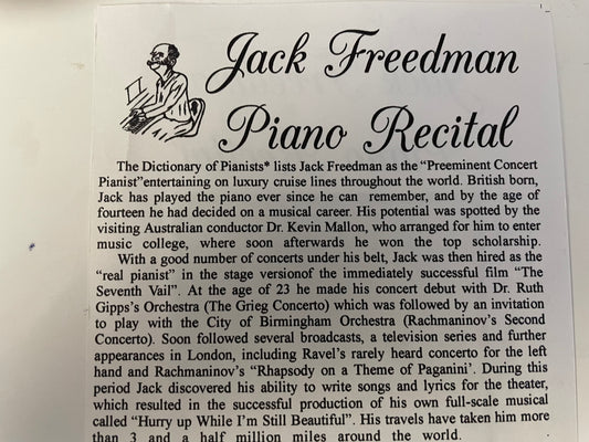 JACK FREEDMAN "PIANO RECITAL"-$10.99 + SHIPPING $5.00