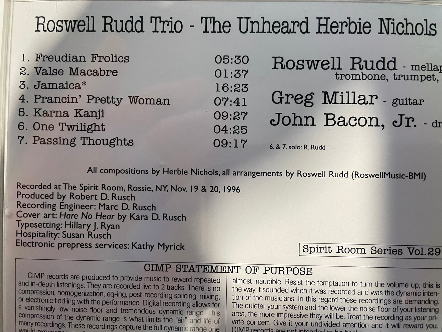 ROSWELL RUDD TRIO "THE UNHEARD HERBIE NICHOLS VOL 1"-$14.99 +SHIPPING $5.00