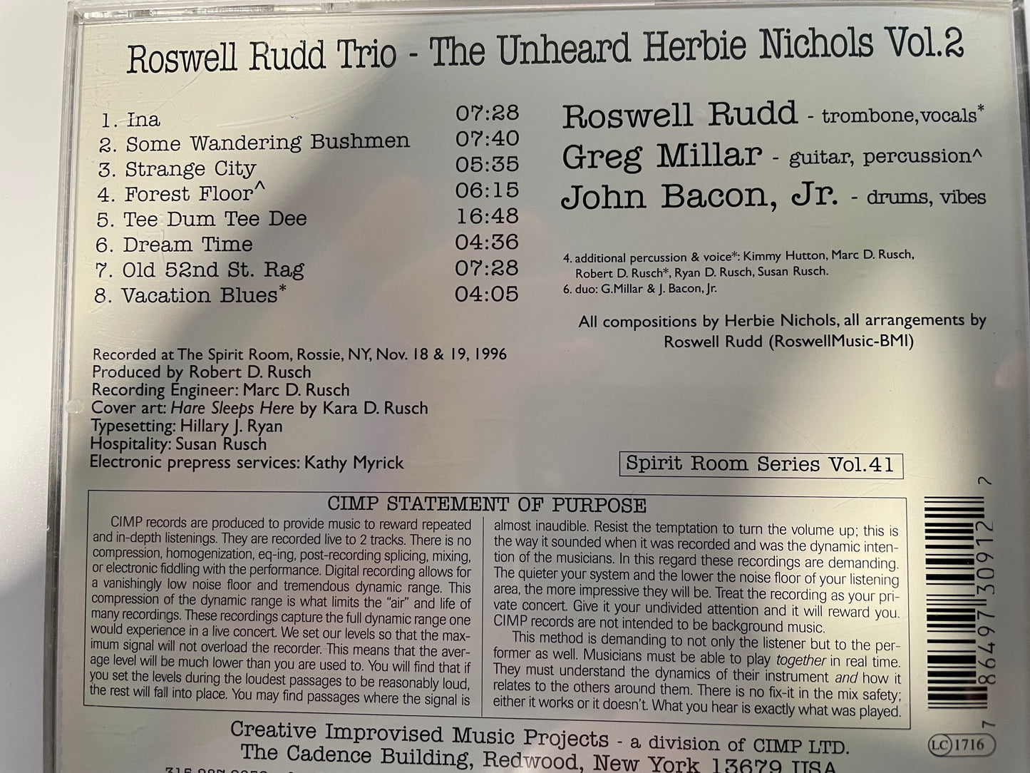 ROSWELL RUDD "THE UNHEARD HERBIE NICHOLS VOL.2-$14.99 +SHIPPING $5.00