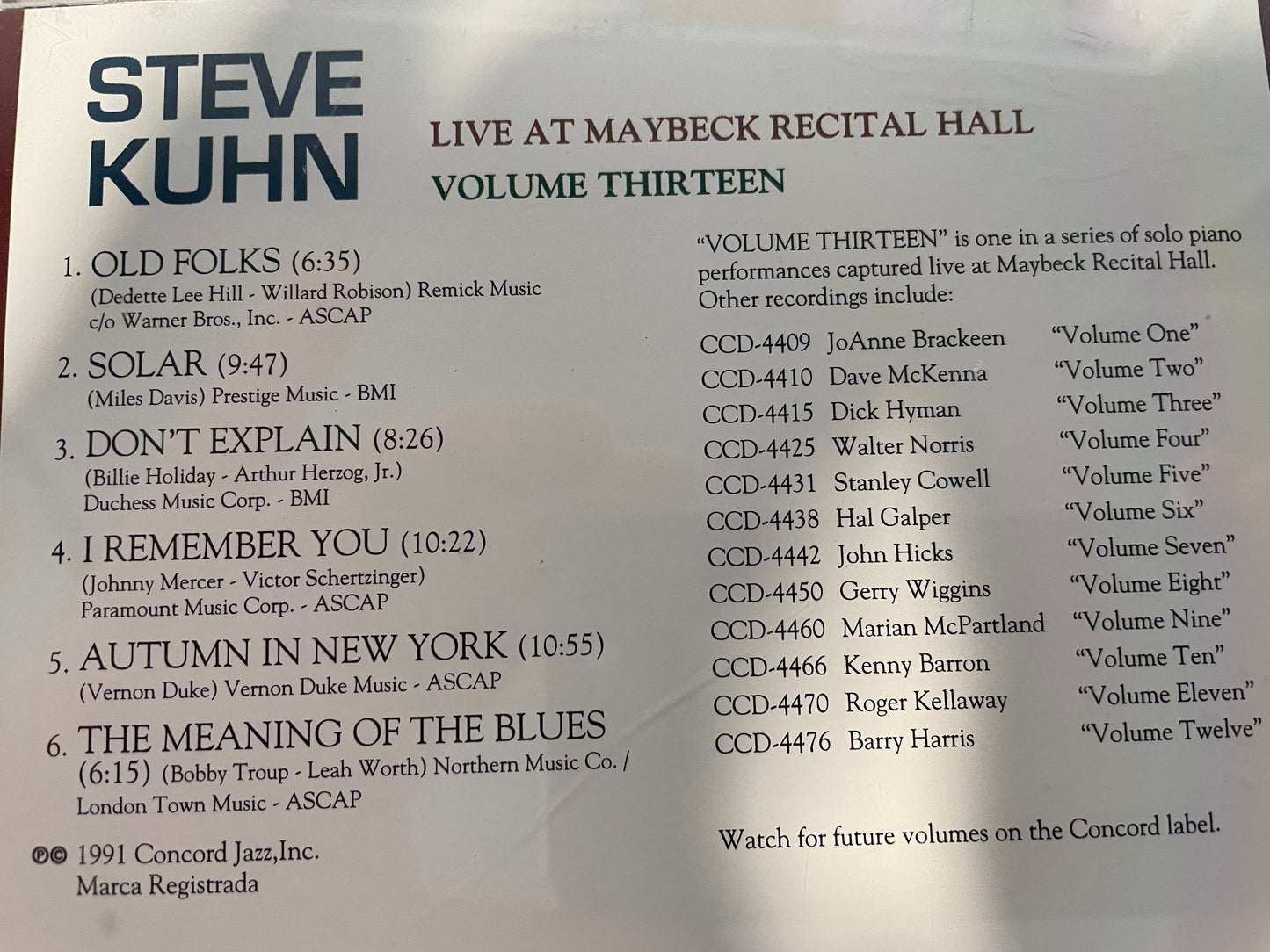 STEVE KUHN "LIVE AT MAYBECK HALL"-$17.99 +SHIPPING $5.00