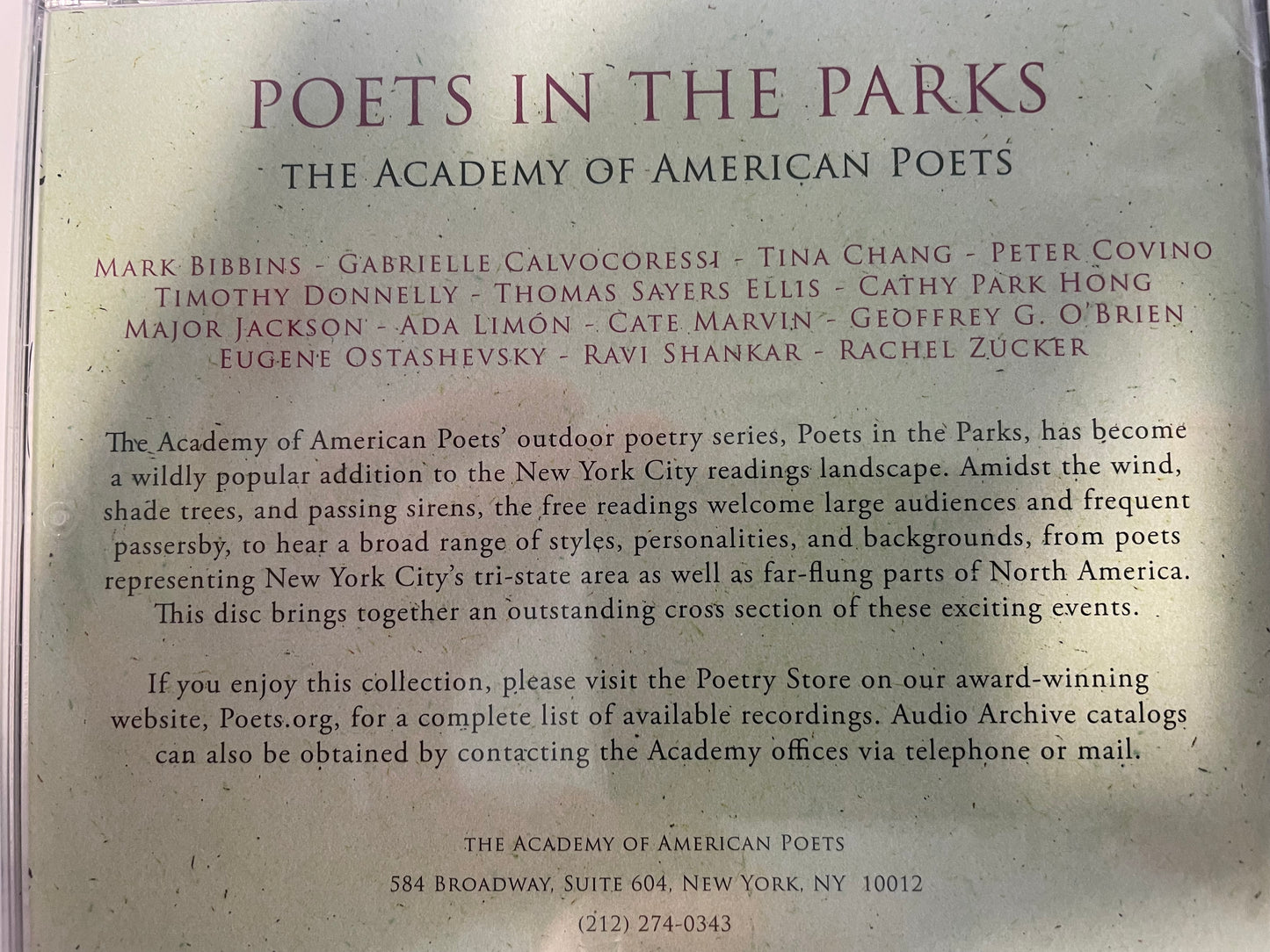 POETS IN THE PARK- $8.99 +SHIPPING $5.00