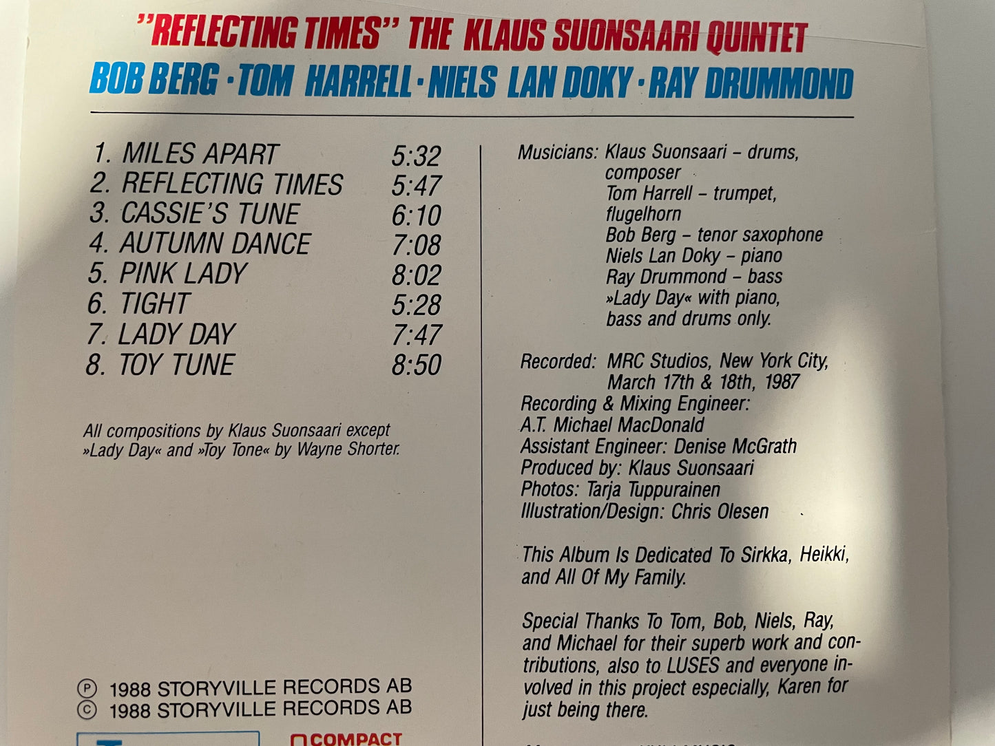 THE KLAUS SUONSAARI QUINTET "REFLECTING TIMES"-$58.99 +SHIPPING $5.00