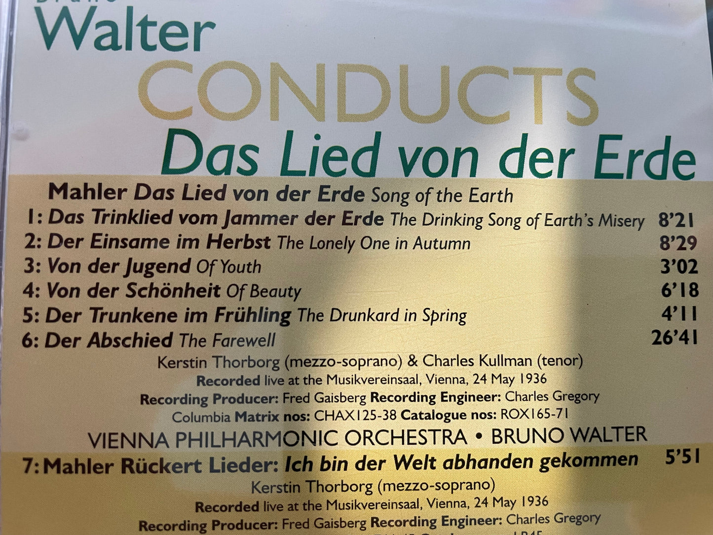 BRUNO WALTER CONDUCTS "DAS LIED VON DER ERDE"-$76.99 +SHIPPING$5.00