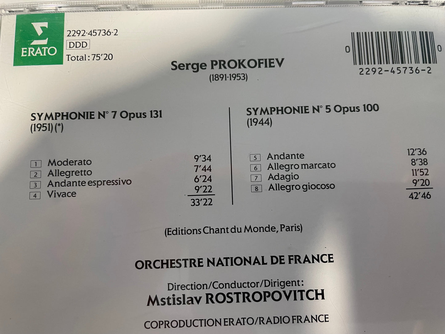 MSTISLAV ROSTROPOVICH "PROKOFIEV SYMPHONIES NO.7 &NO. 5 OP. 131-$4.99 +SHIPPING $5.00