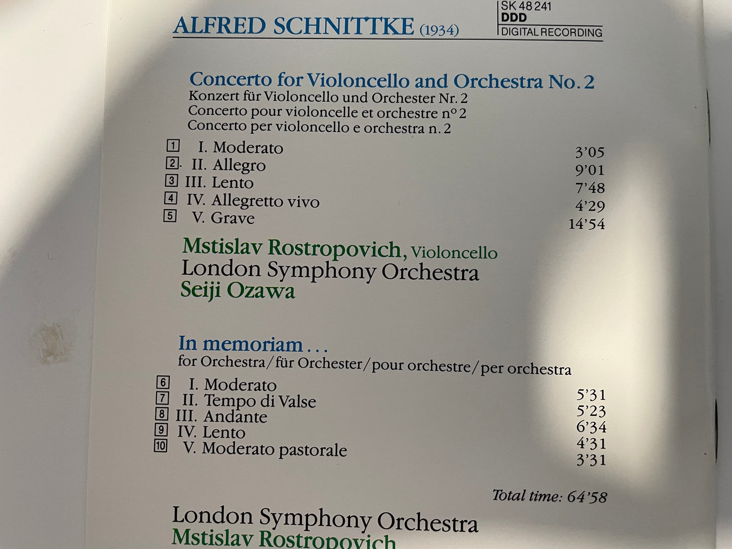 ALFRED SCHNITTKE (1934) CONCERTO FOR VIOLINCELLO AND ORCHESTRA NO.2-18.99 +SHIPPING