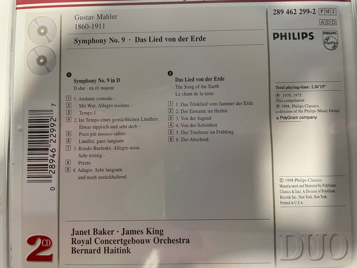 MAHLER "SYMPHONY NO. 9/DAS LIED VON DER ERDE-2CD's $8.99 +SHIPPING $5.00