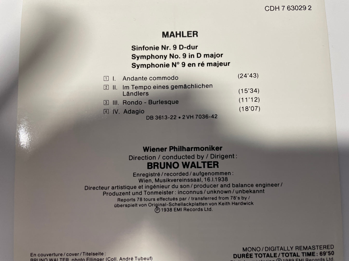 BRUNO WALTER "MAHLER SYMPHONY NO.9"-$12.99 +SHIPPING $5.00