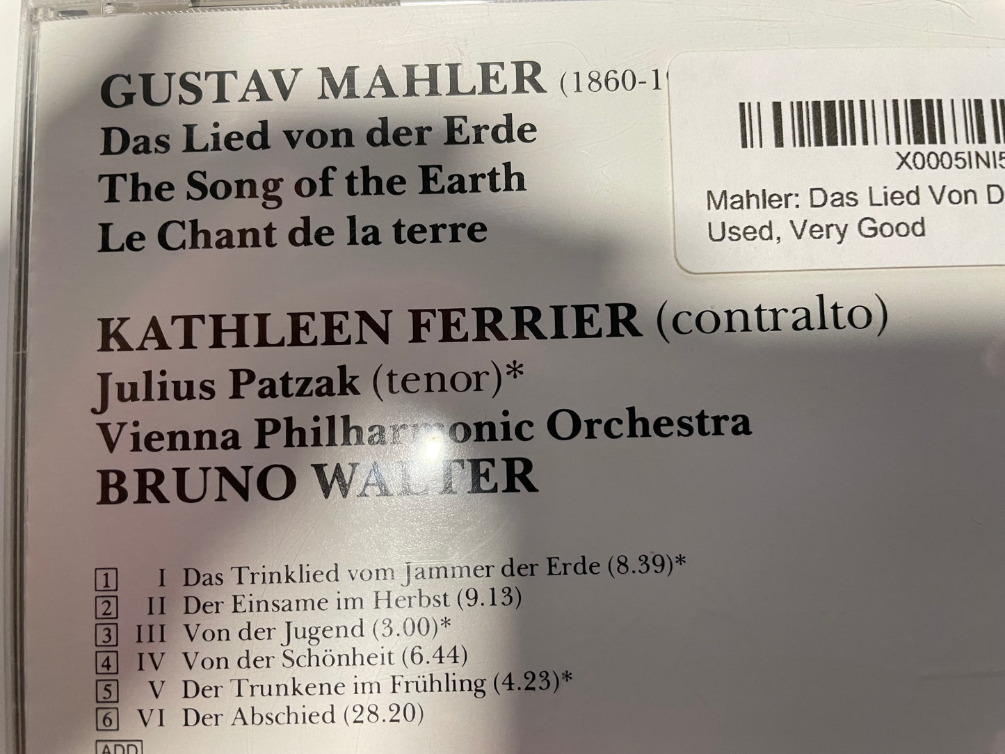 CATHLEEN FERRIER JULIUS PATZAK BRUNO WALTER "DAS LIED VON DER ERDE"-$6.99 +SHIPPING $5.00