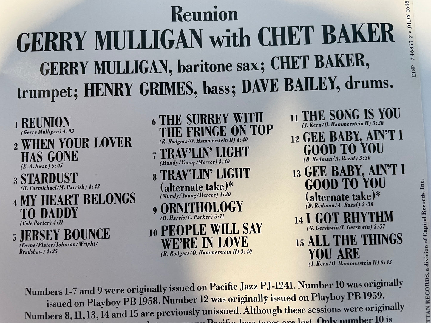 GERRY MULLIGAN QUARTET  "REUNION WITH CHET BAKER"-$4.99+SHIPPING $5.00