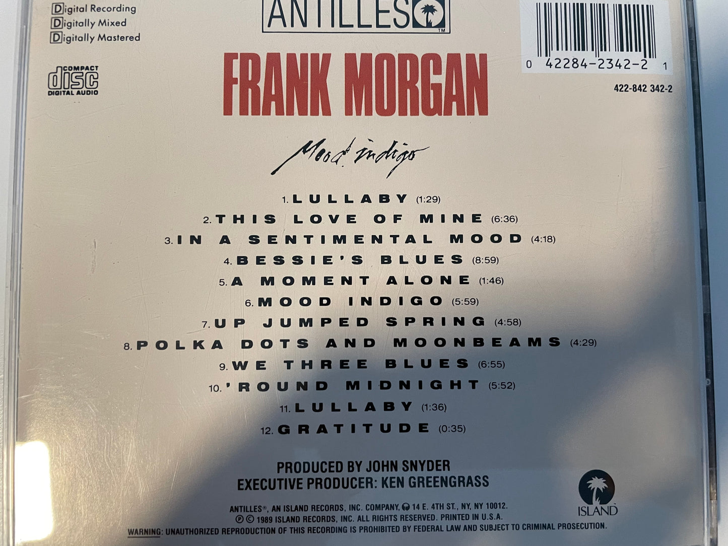 FRANK MORGAN "MOOD INDIGO"-$5.99 +SHIPPING $5.00