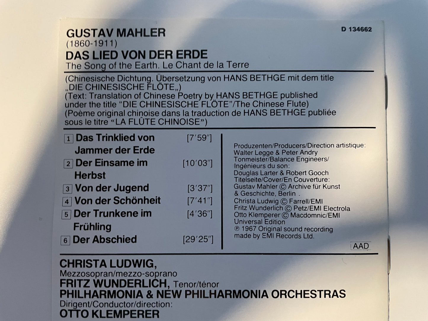 MAHLER "DAS LIED DEFR ERDE"-$$6.99 +SHIPPING $5.00