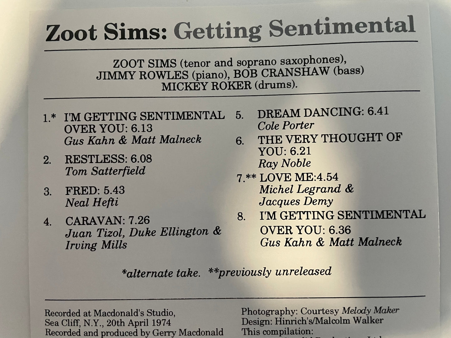 ZOOT SIMS "GETTING SENTIMENTAL"-$14.99 +SHIPPING $5.00