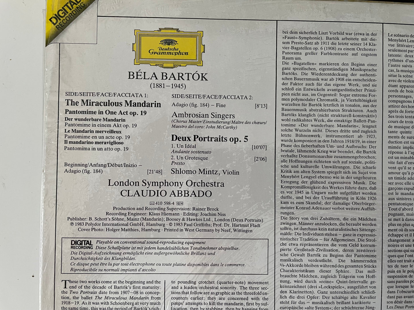 BELA BARTOK "THE MIRACULOUS MANDARIN 2 PORTRAITS"-$21.99 +SHIPPING $5.00