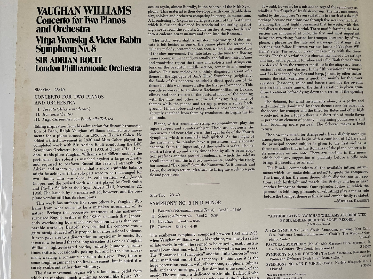 VAUGHAN WILLIAMS "CONCERTO FOR TWO PIANOS AND ORCHESTRA"-$24.99 +SHIPPING $5.00