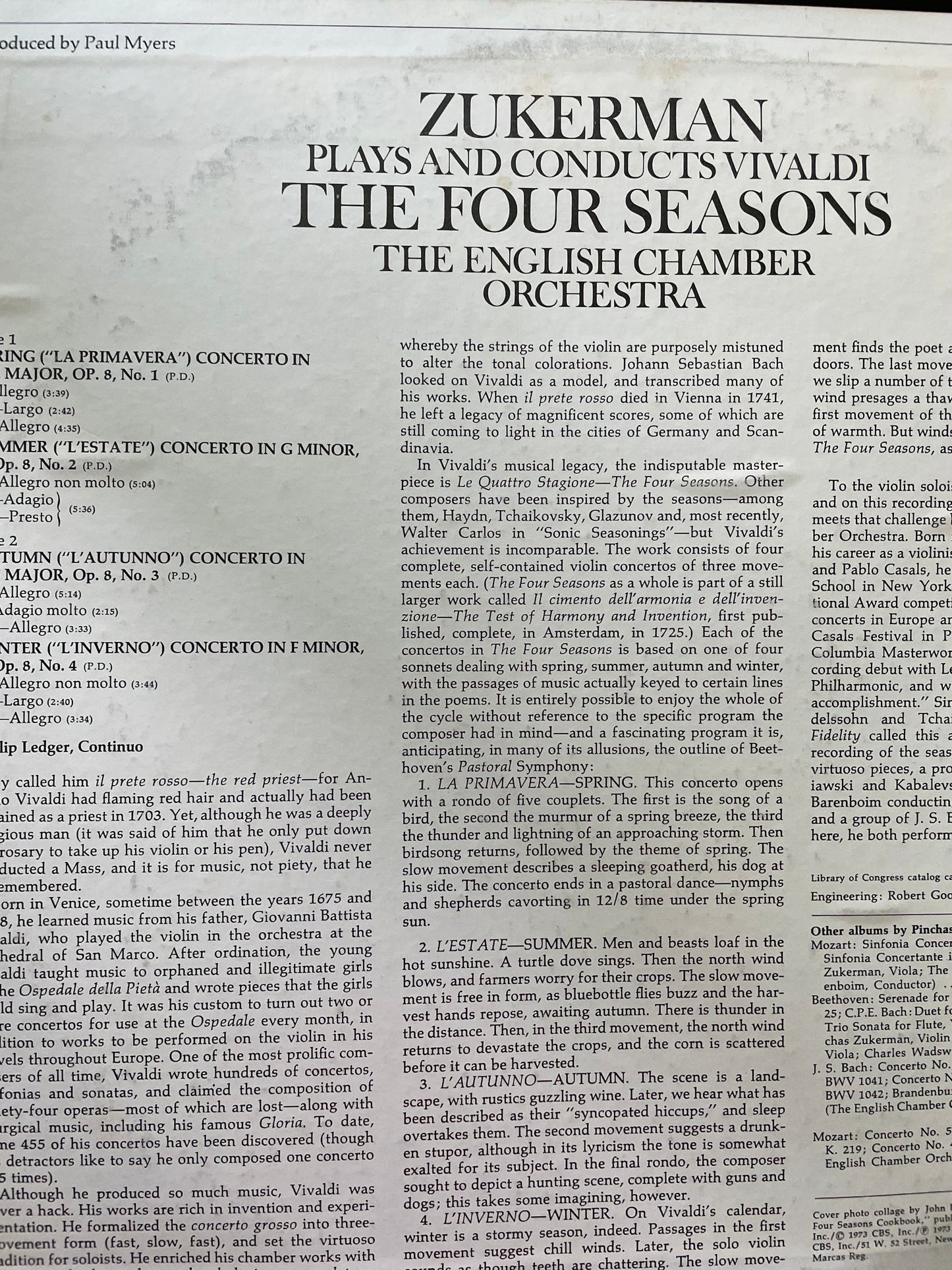 ZUKERMAN "THE FOUR SEASONS"-$10.99 +SHIPPING $5.00