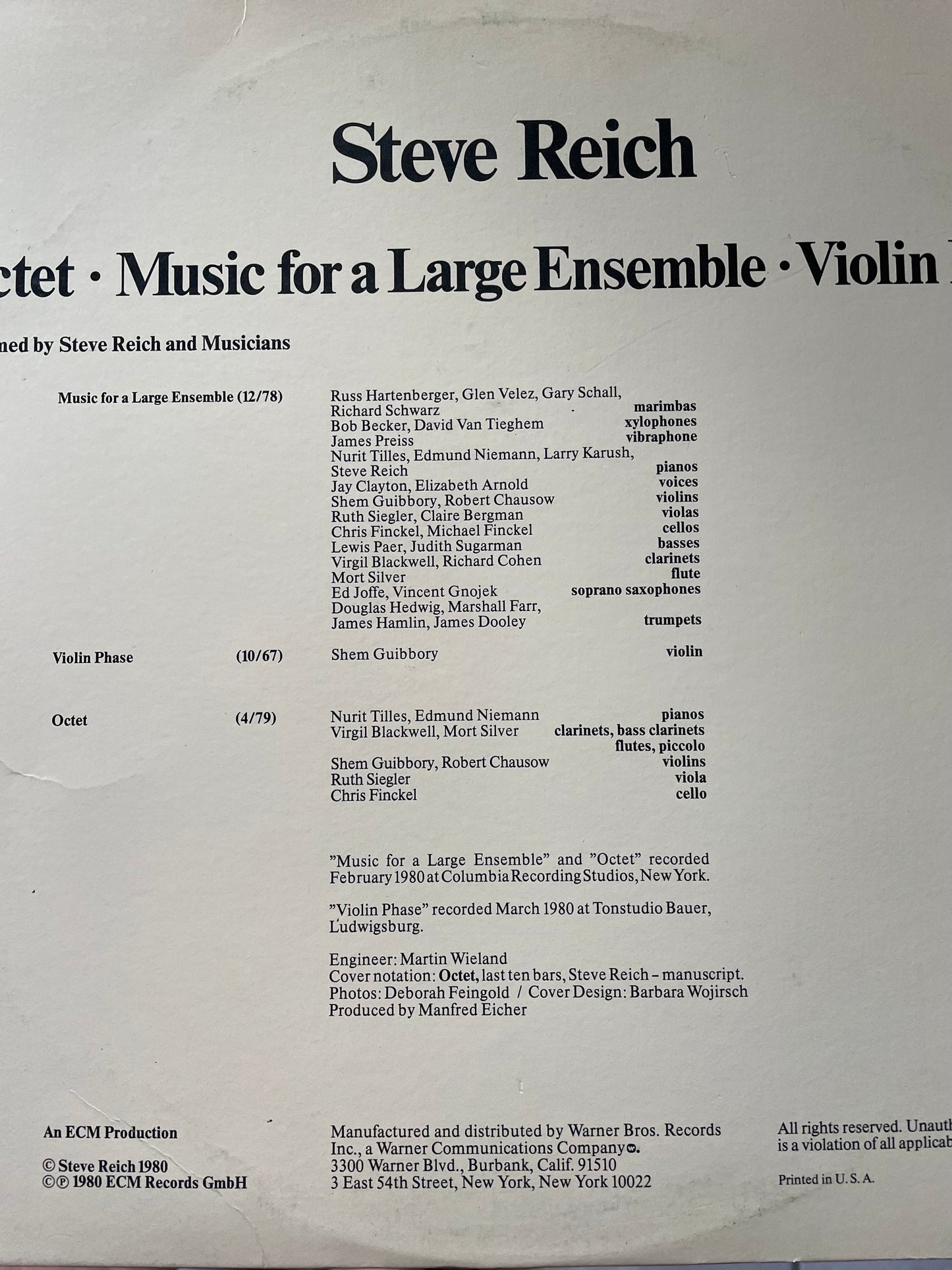 STEVE REICH OCTET-"MUSIC FOR A LARGE ENSEMBLE"-$79.99 +SHIPPING $5.00