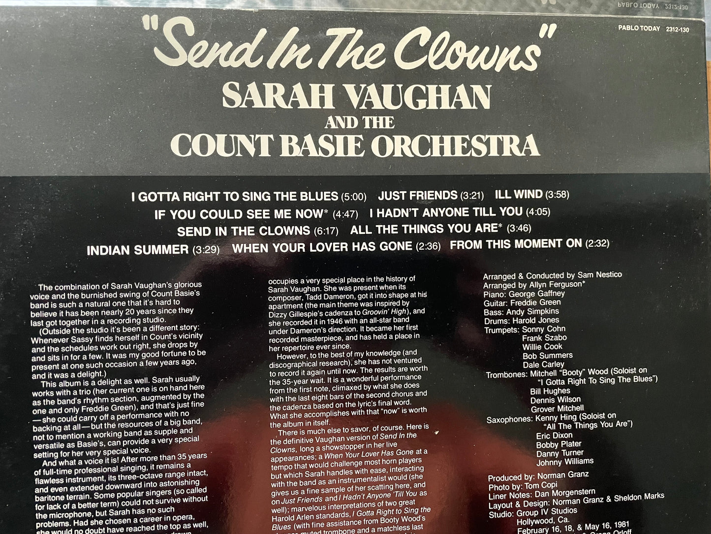 SARAH VAUGHAN AND COUNT BASIE-"SEND IN THE CLOWNS"-$12.99 +SHIPPING $5.00