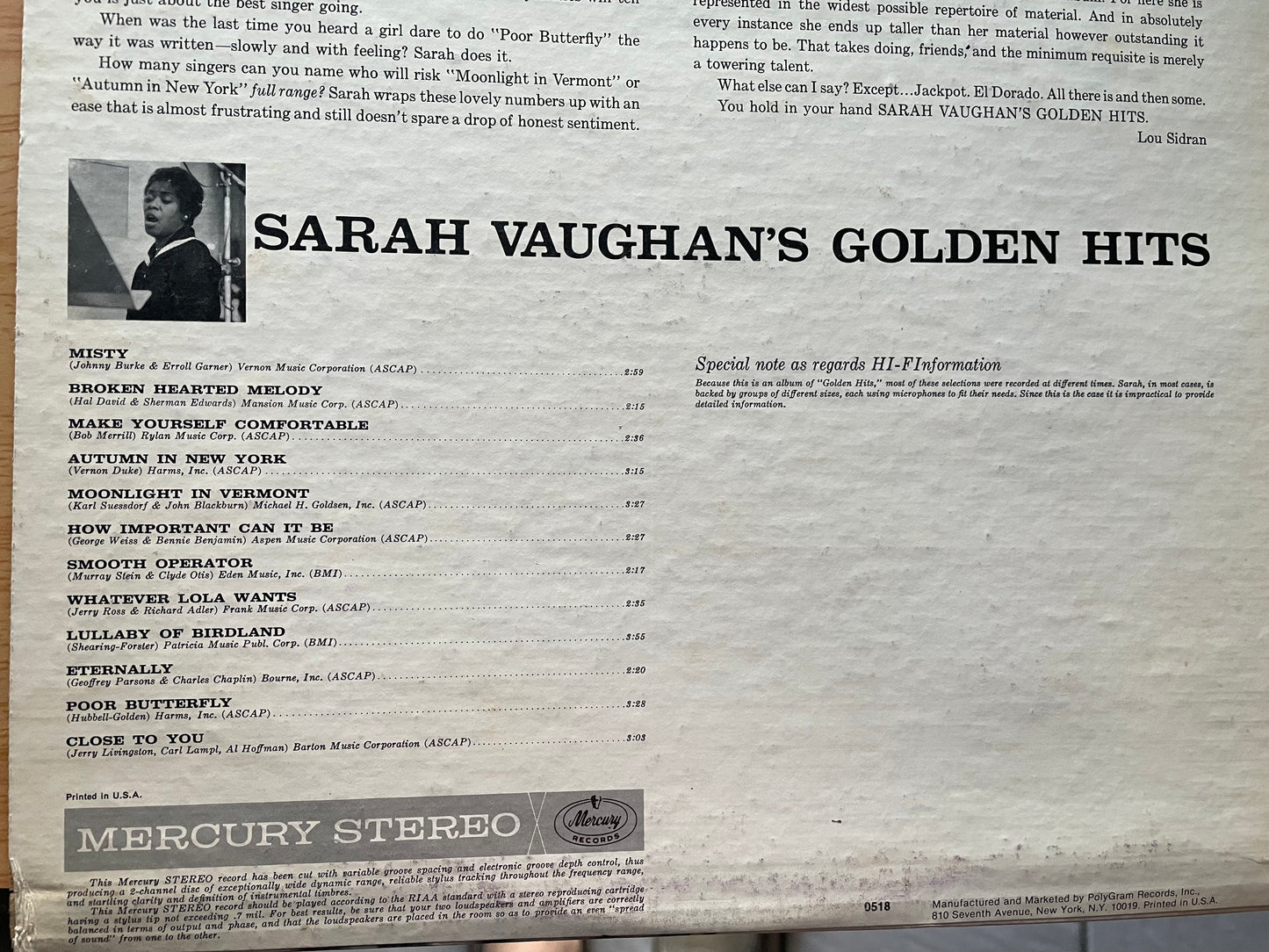 SARAH VAUGHAN'S "GOLDEN HITS!!-$27.99 +SHIPPING $5.00