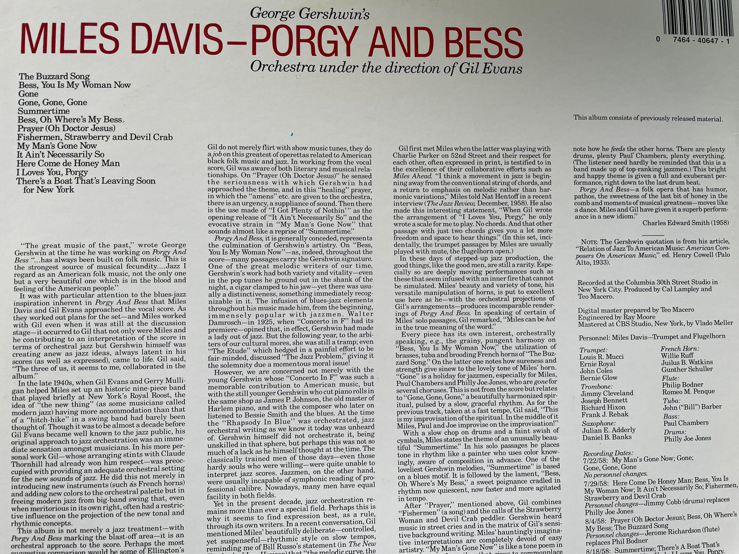 MILES DAVIS-"PORGY AND BESS"-$20.99 +SHIPPING $5.00