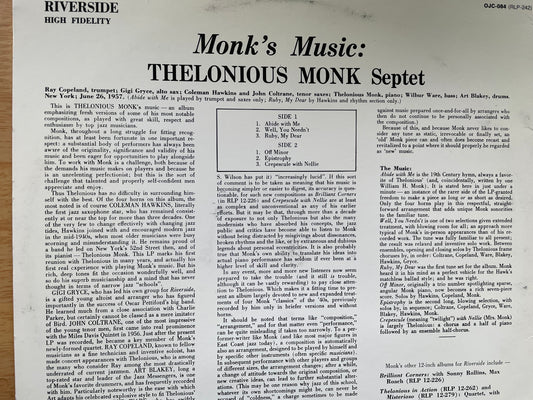 THELONIOUS MONK-"MONK'S MUSIC"-JUNE 1957-RLP 242-$89.99 +SHIPPING $5.00